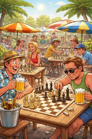 Lange Hete Zomertornooi (Schaken) © 2025 – Illustratie gegenereerd met AI (ChatGPT / OpenAI)